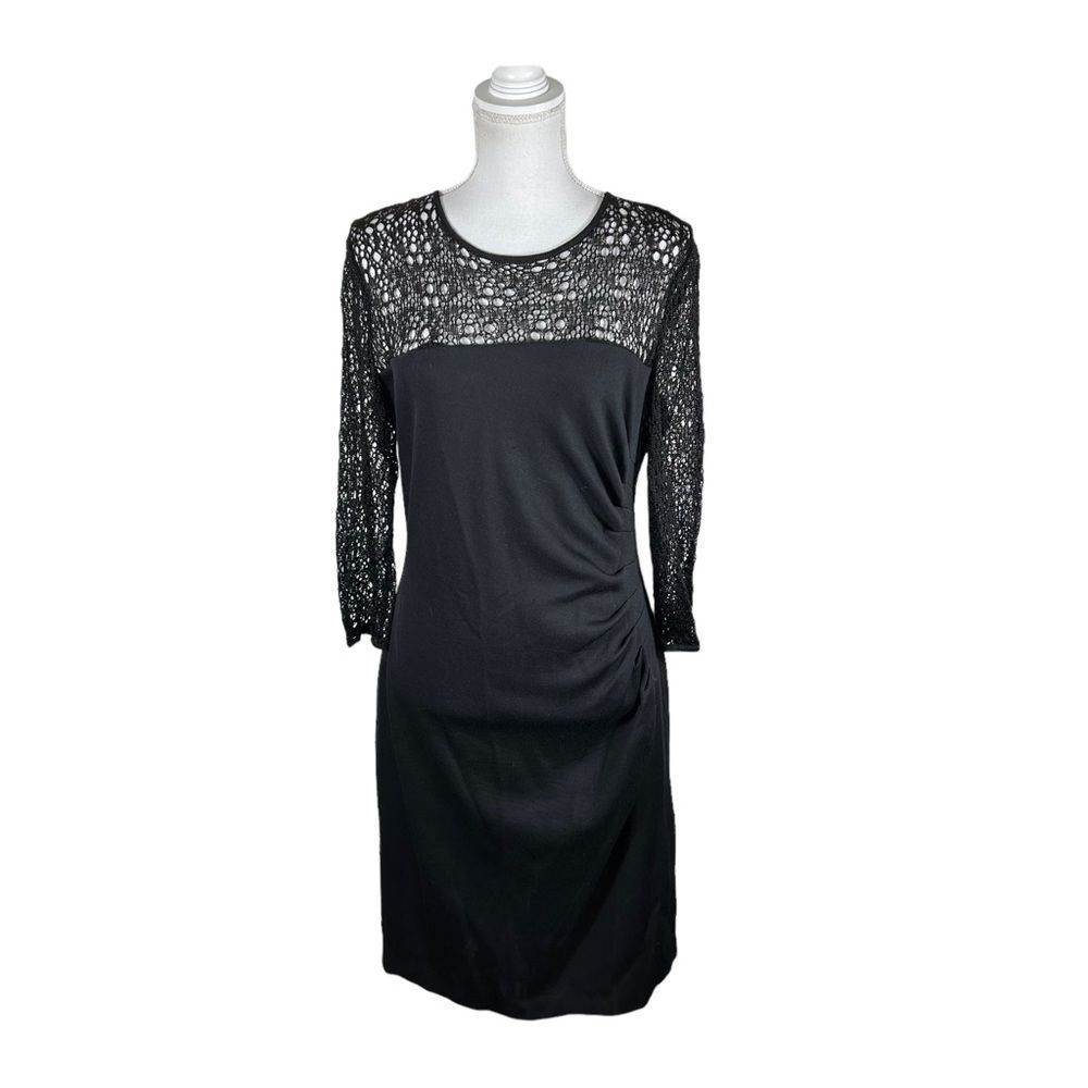 St John Black Side Ruched Lace Dress